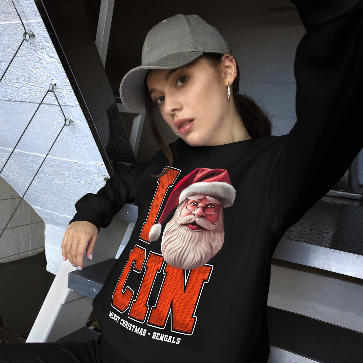 Back/detail view of I CIN Santa — Cincinnati Football Crewneck Sweatshirt graphic sweatshirt