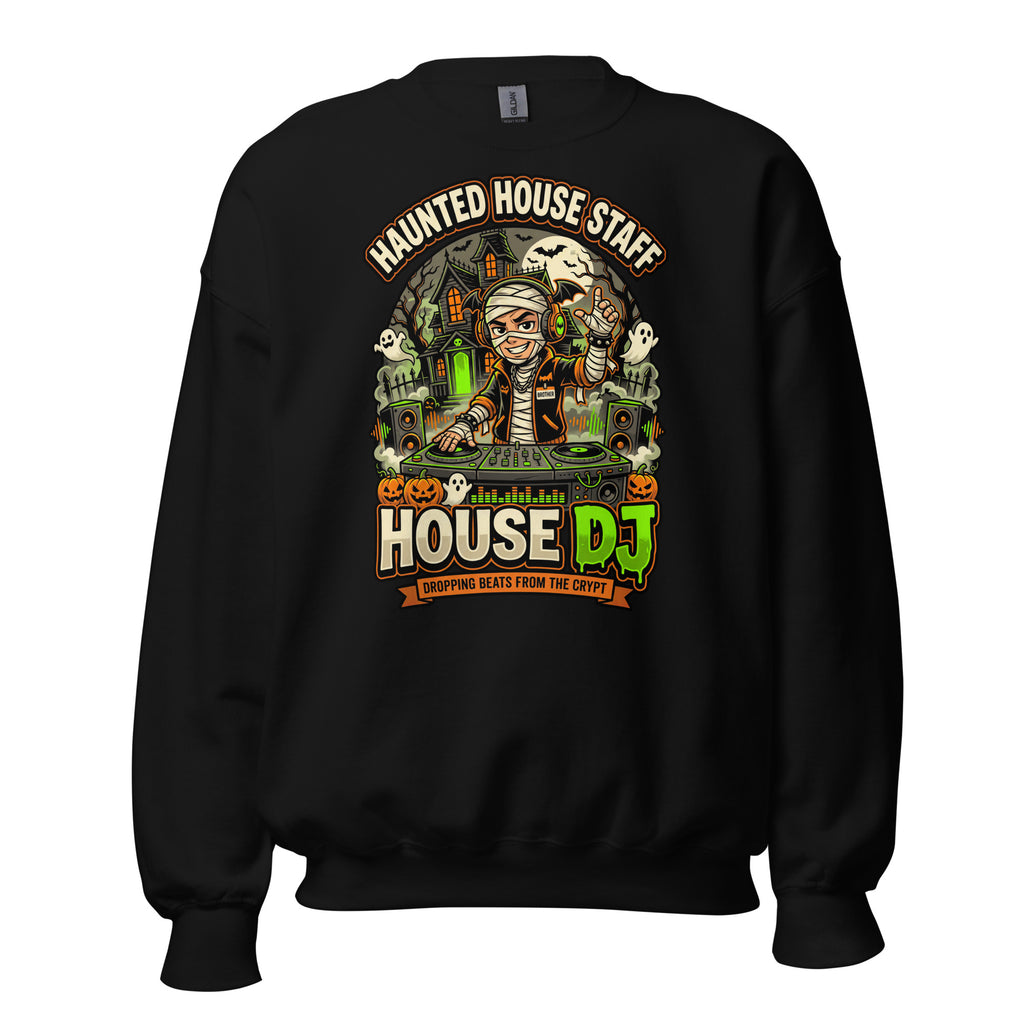 Haunted House Staff Brother “House DJ” Unisex Sweatshirt with House DJ front design and matching BROTHER back graphic for Halloween family outfits