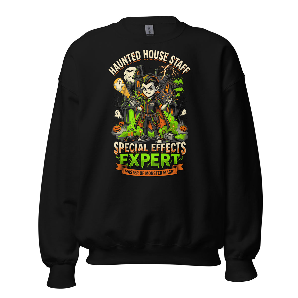 Haunted House Staff Big Bro “Special Effects Expert” Unisex Sweatshirt with Special Effects Expert front design and matching BIG BRO back graphic for Halloween family outfits