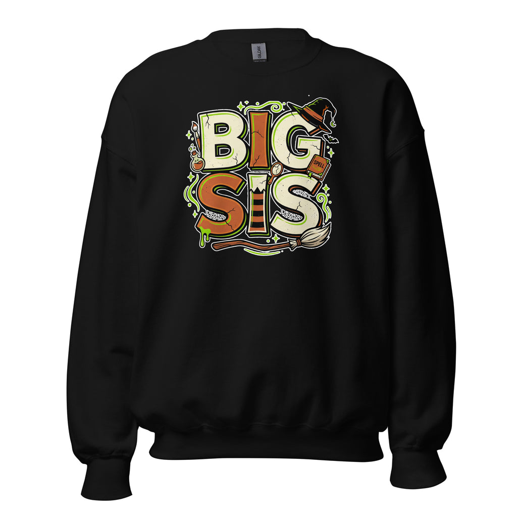 BIG SIS Halloween monster name Unisex Sweatshirt in Black with spooky front lettering and blank back
