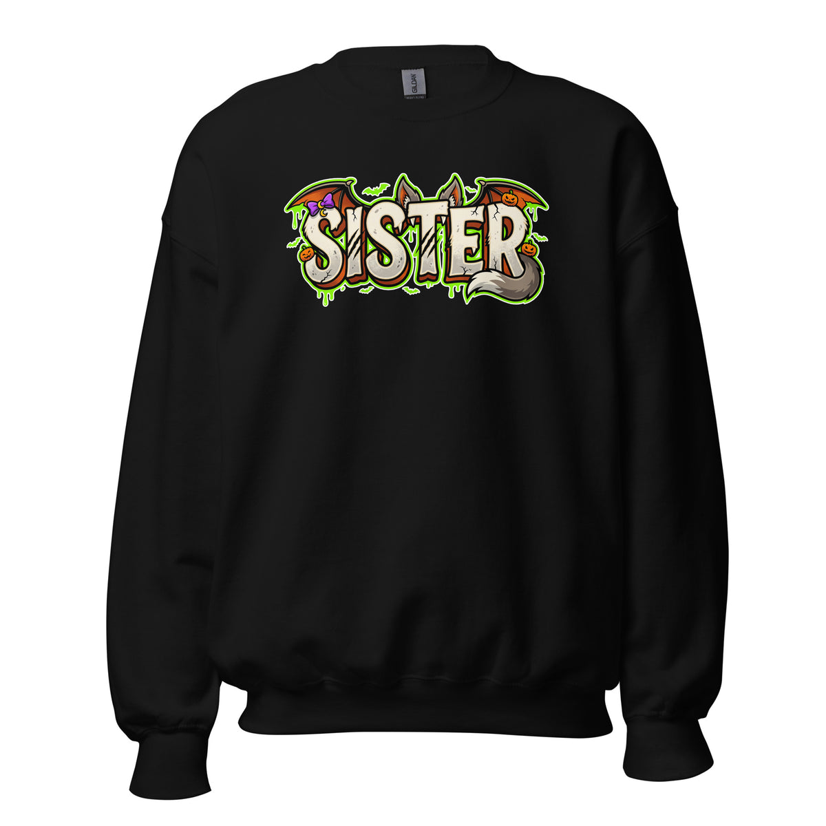 SISTER Halloween monster name Unisex Sweatshirt in Black with spooky front lettering and blank back