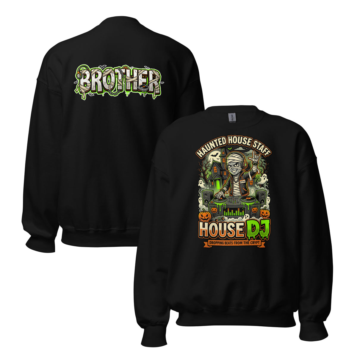 Haunted House Staff Brother “House DJ” Grey Unisex Sweatshirt with House DJ front design and matching BROTHER back graphic for Halloween family outfits