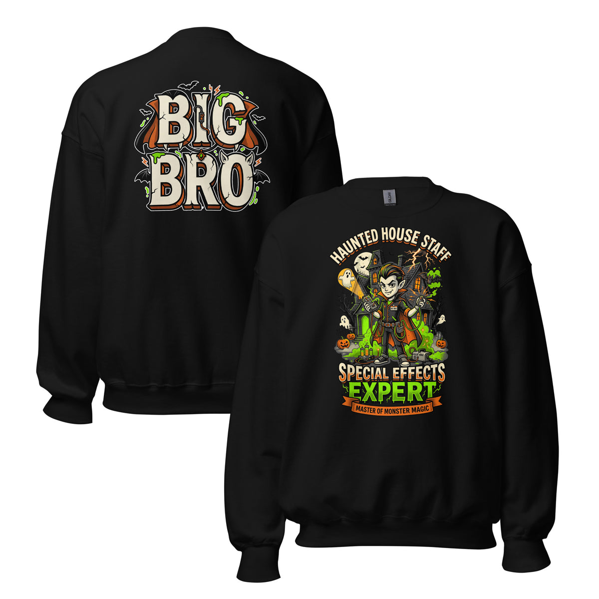 Haunted House Staff Big Bro “Special Effects Expert” Unisex Sweatshirt with Special Effects Expert front design and matching BIG BRO back graphic for Halloween family outfits