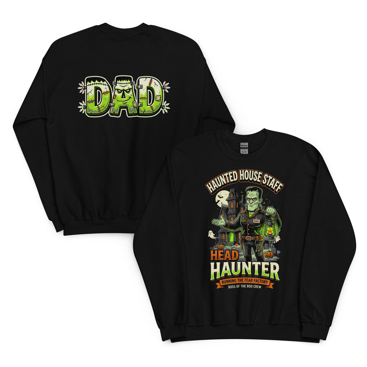 Haunted House Staff Dad “Head Haunter” Unisex Sweatshirt with Head Haunter front design and matching DAD back graphic for Halloween family outfits