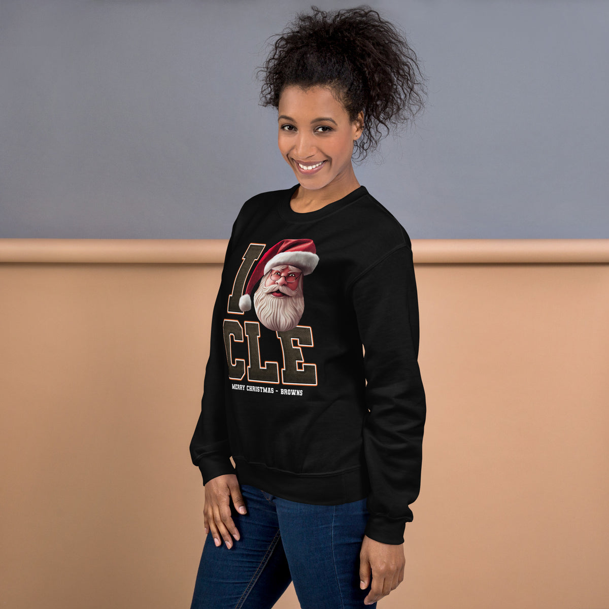 Back/detail view of I CLE Santa — Cleveland Football Crewneck Sweatshirt graphic sweatshirt