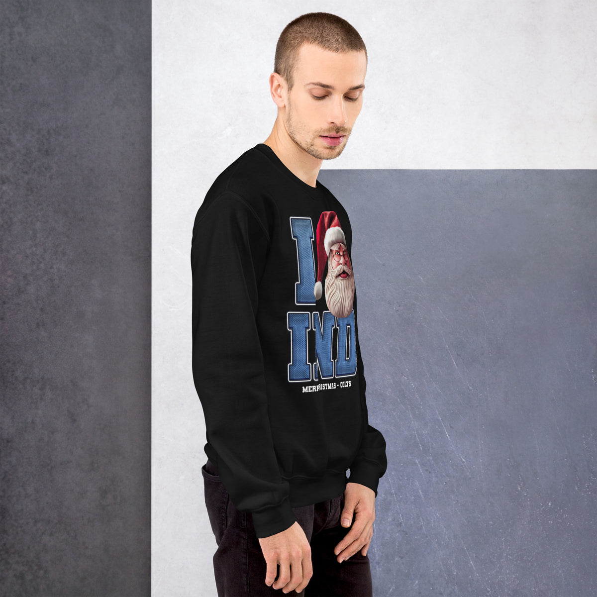 Back/detail view of I IND Santa — Indianapolis Football Crewneck Sweatshirt graphic sweatshirt
