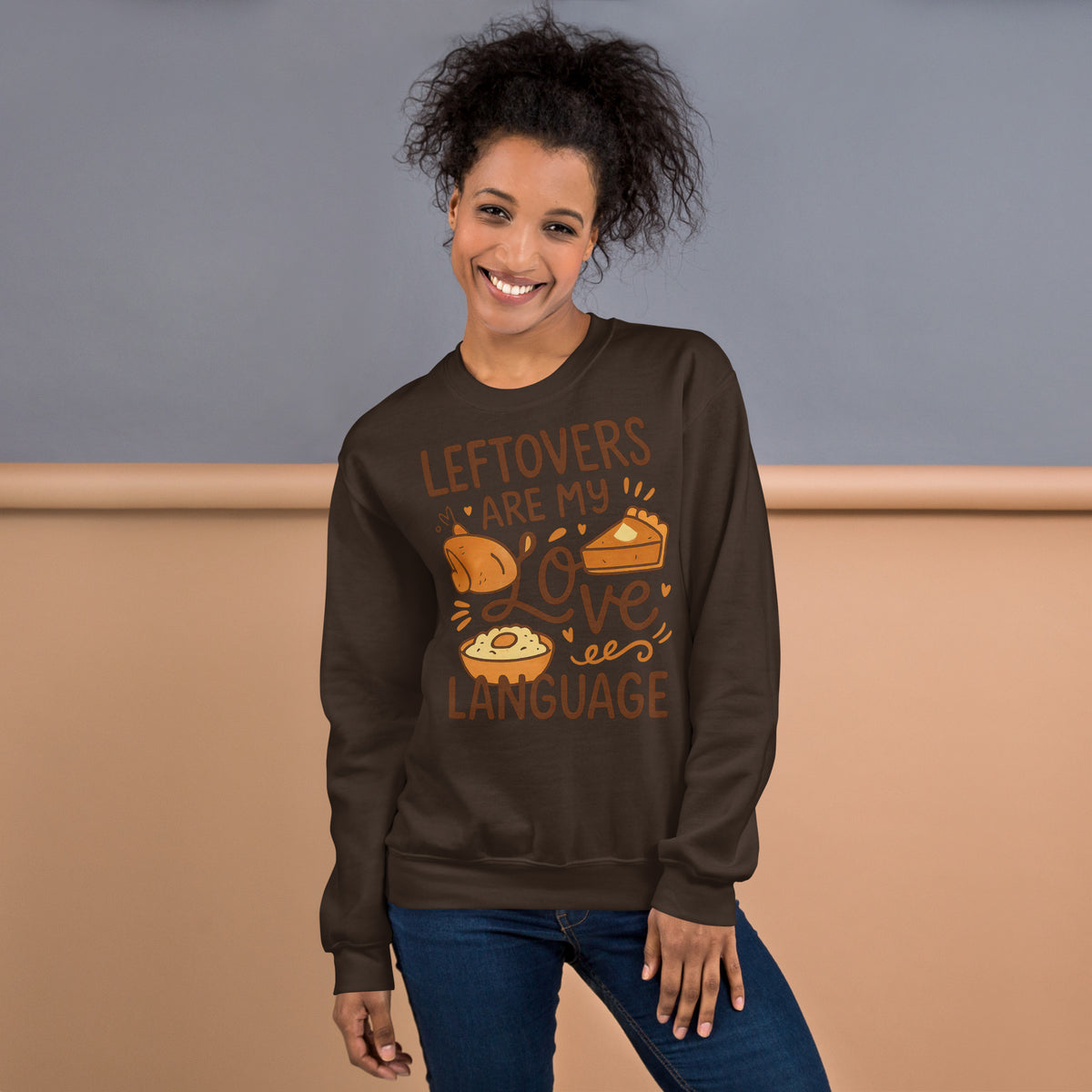 Back/detail view of Leftovers Are My Love Language – Funny Thanksgiving Crewneck graphic sweatshirt