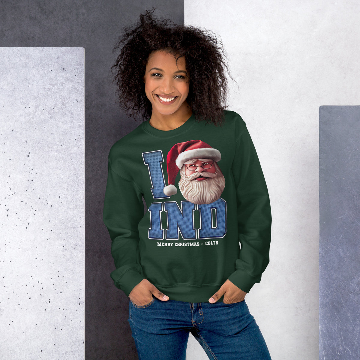 Back/detail view of I IND Santa — Indianapolis Football Crewneck Sweatshirt graphic sweatshirt