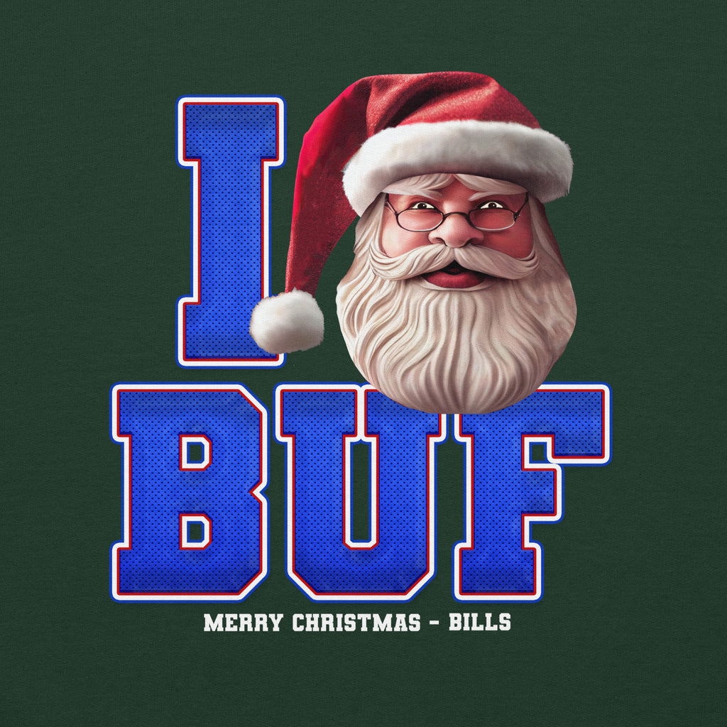 Back/detail view of I BUF Santa — Buffalo Football Crewneck Sweatshirt graphic sweatshirt