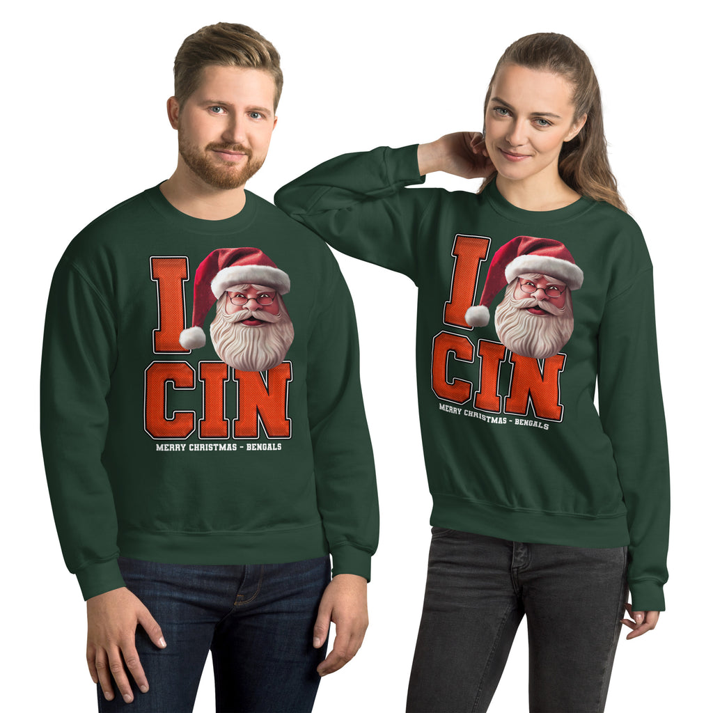 Back/detail view of I CIN Santa — Cincinnati Football Crewneck Sweatshirt graphic sweatshirt