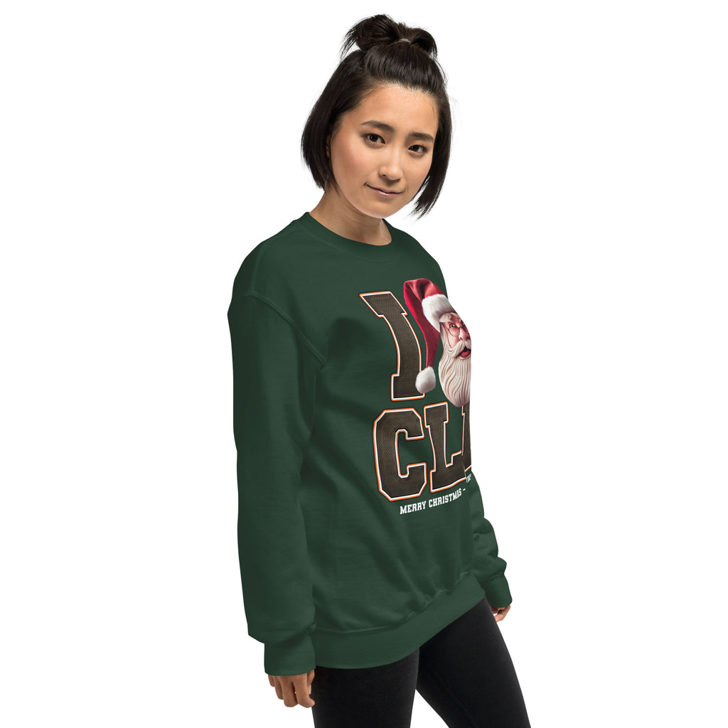 Back/detail view of I CLE Santa — Cleveland Football Crewneck Sweatshirt graphic sweatshirt