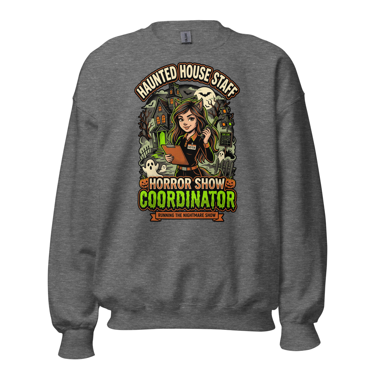 Haunted House Staff Sister “Horror Show Coordinator” Sweatshirt with Horror Show Coordinator front design and matching SISTER back graphic for Halloween family outfits