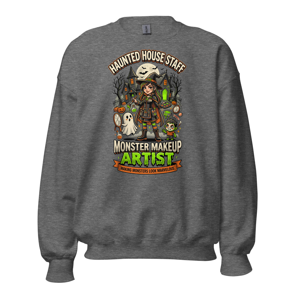 Haunted House Staff Big Sis “Monster Makeup Artist” Sweatshirt with Monster Makeup Artist front design and matching BIG SIS back graphic for Halloween family outfits