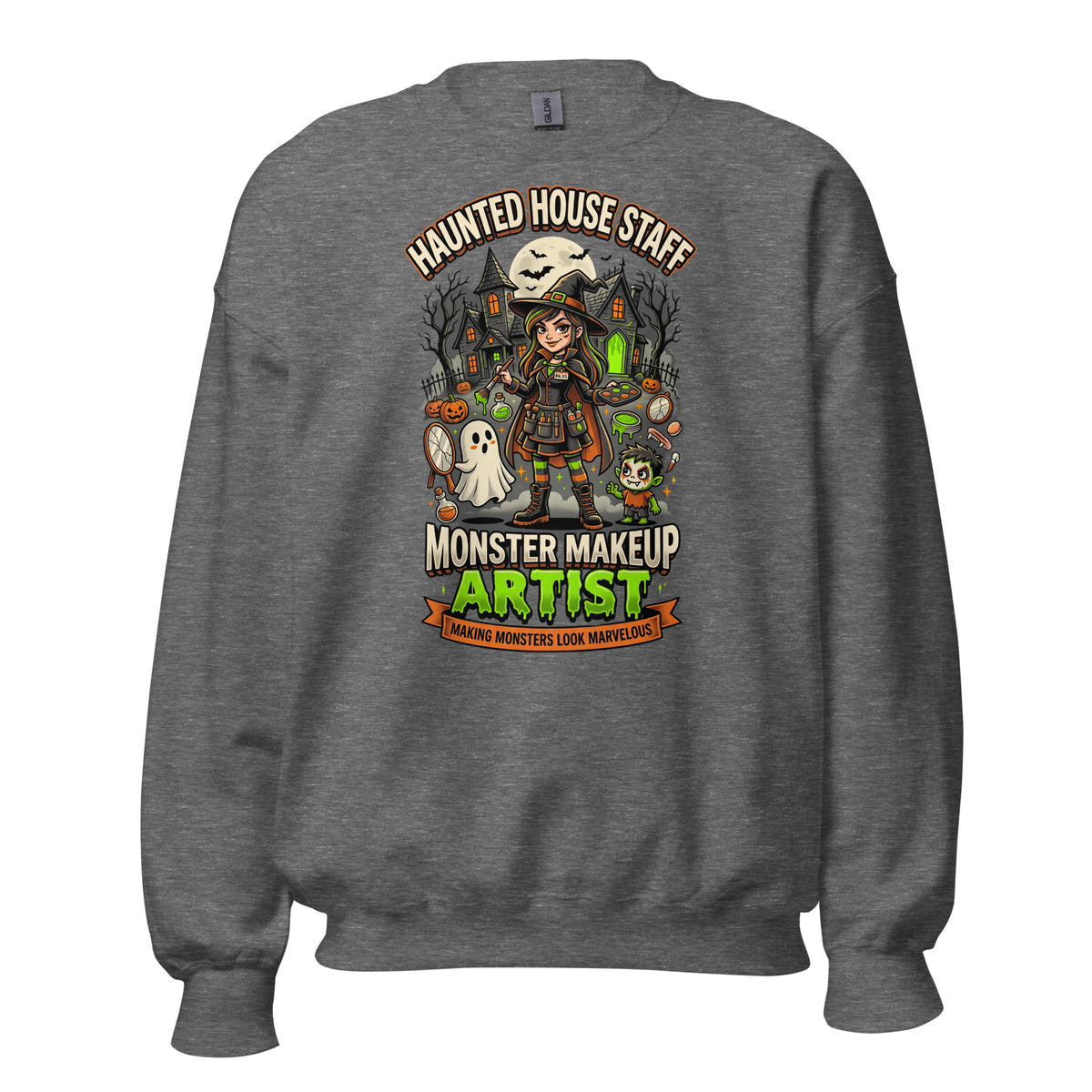 Haunted House Staff Big Sis “Monster Makeup Artist” Sweatshirt with Monster Makeup Artist front design and matching BIG SIS back graphic for Halloween family outfits
