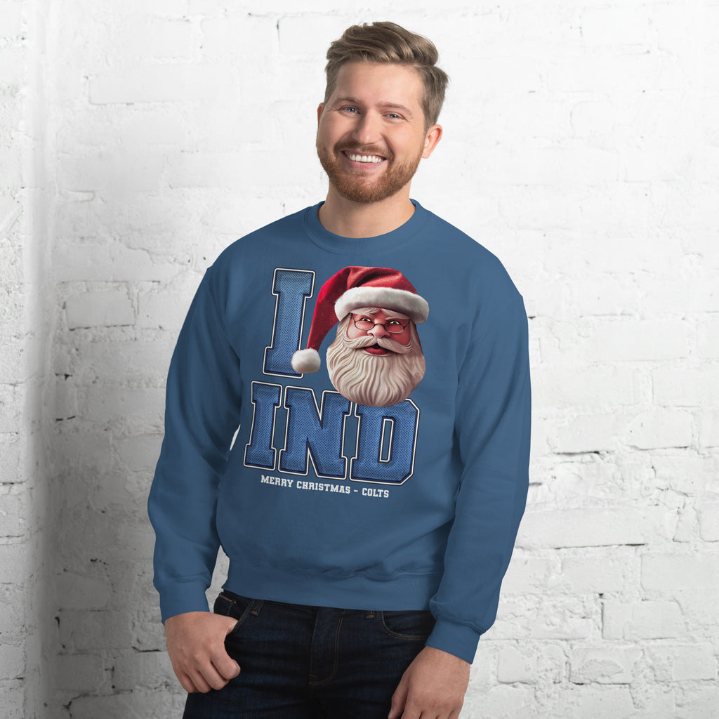 Back/detail view of I IND Santa — Indianapolis Football Crewneck Sweatshirt graphic sweatshirt
