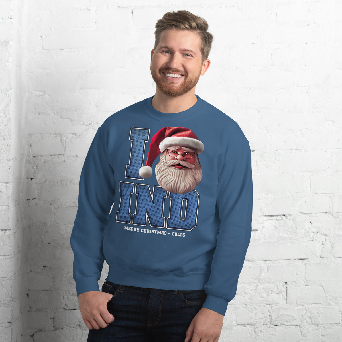 Back/detail view of I IND Santa — Indianapolis Football Crewneck Sweatshirt graphic sweatshirt