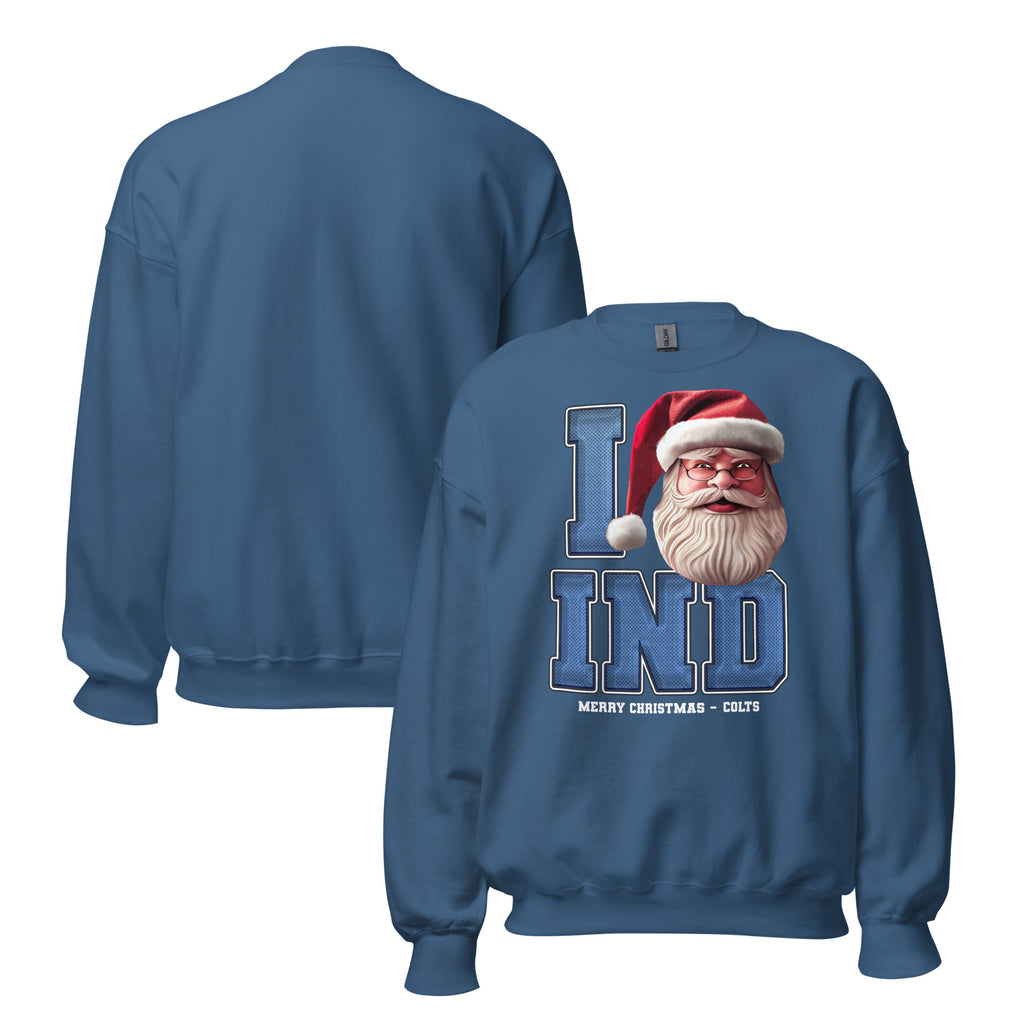 Back/detail view of I IND Santa — Indianapolis Football Crewneck Sweatshirt graphic sweatshirt