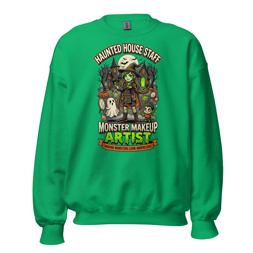 Haunted House Staff Big Sis “Monster Makeup Artist” Green Sweatshirt with Monster Makeup Artist front design and matching BIG SIS back graphic for Halloween family outfits