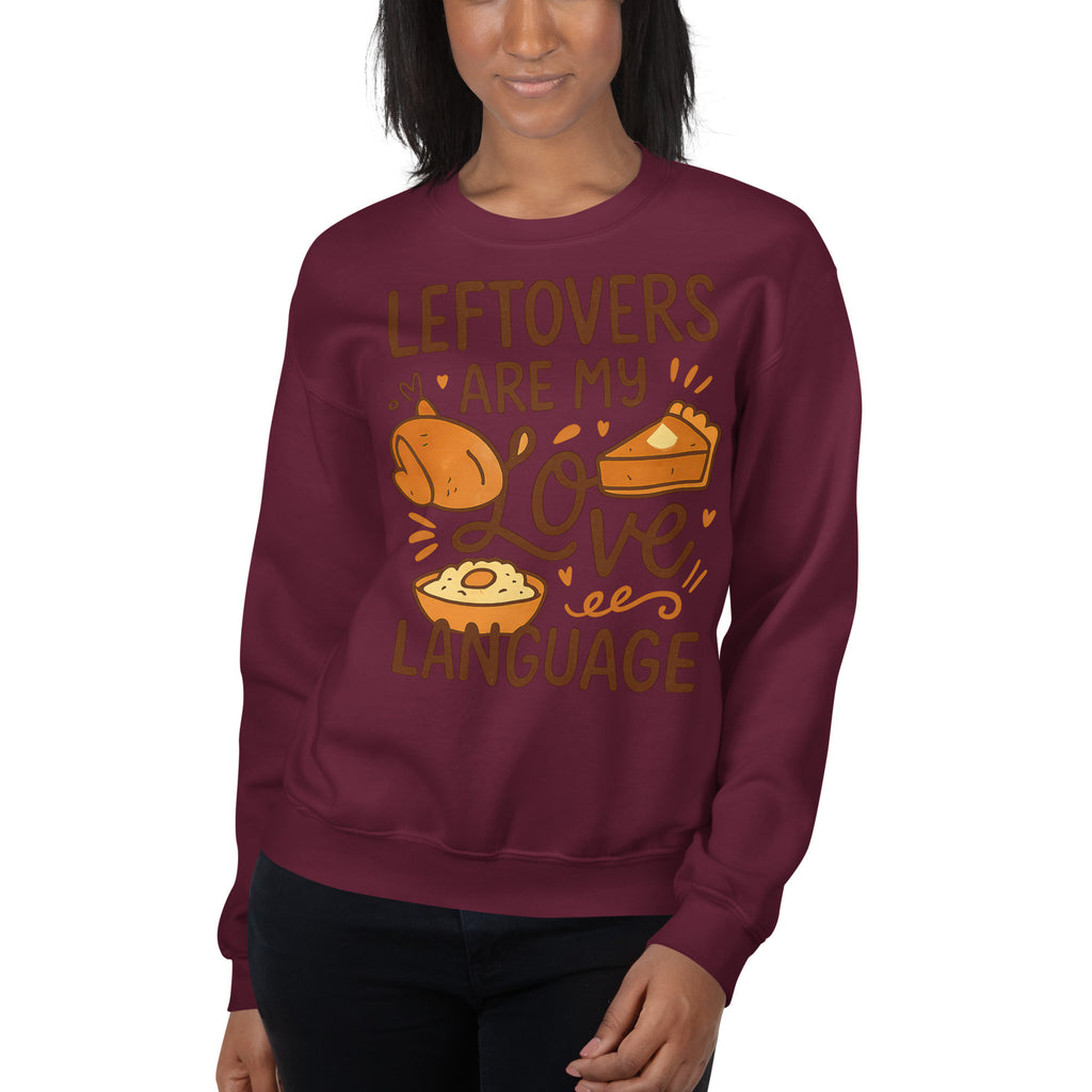 Back/detail view of Leftovers Are My Love Language – Funny Thanksgiving Crewneck graphic sweatshirt