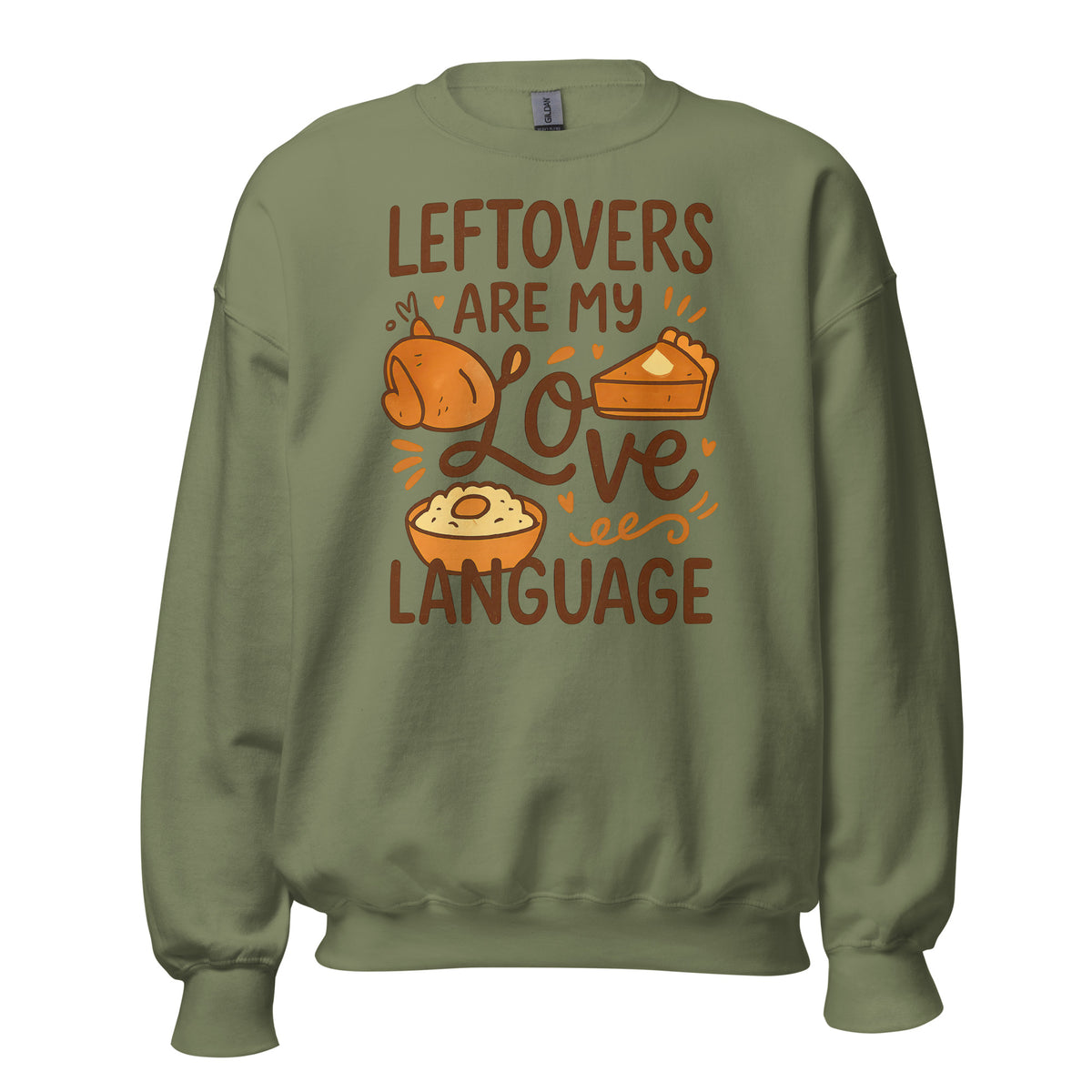 Back/detail view of Leftovers Are My Love Language – Funny Thanksgiving Crewneck graphic sweatshirt