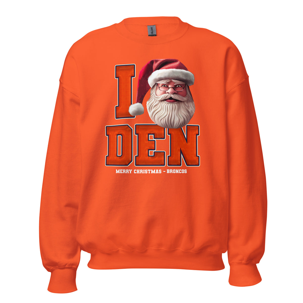 Front/product view of I DEN Santa — Denver Football Crewneck Sweatshirt graphic sweatshirt