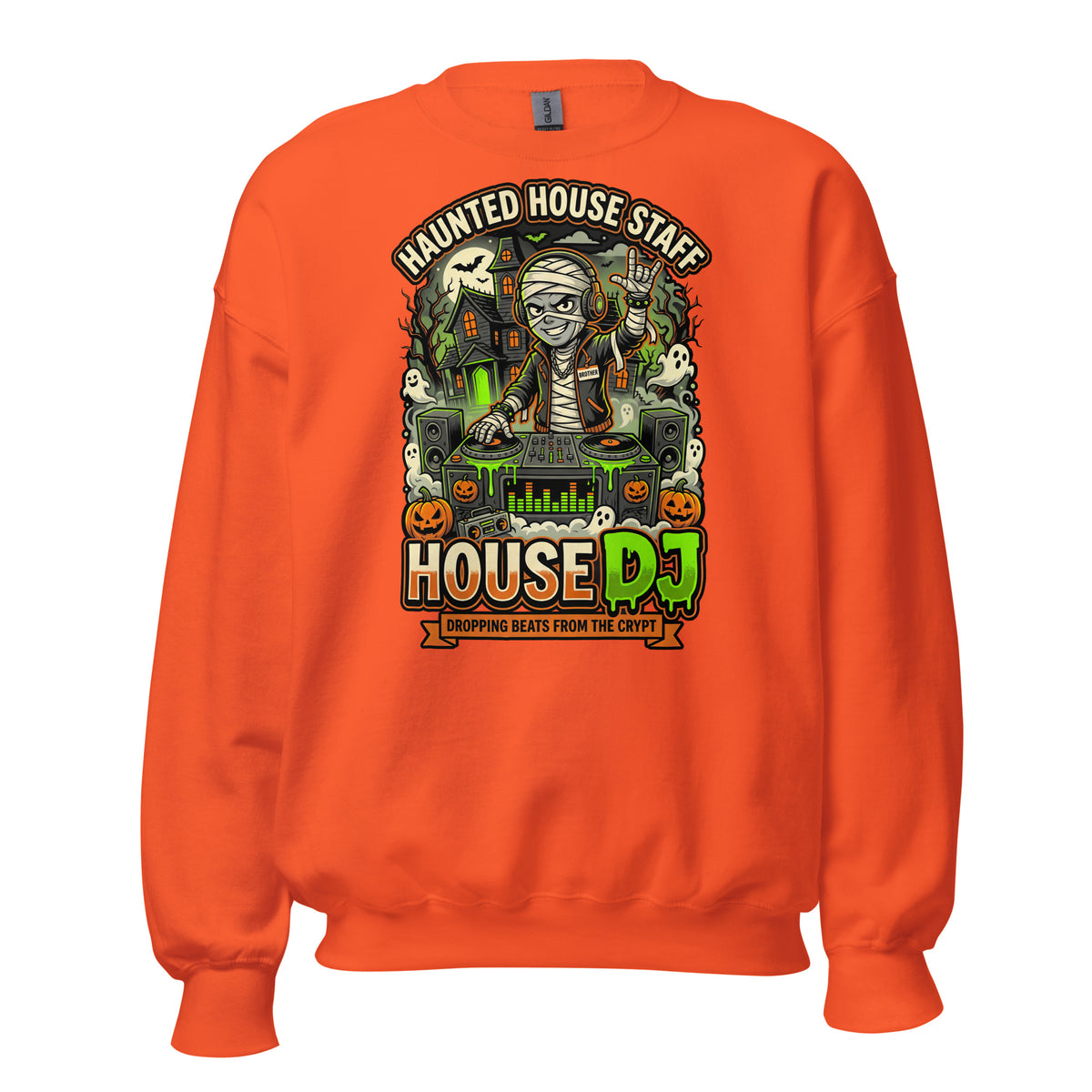 Haunted House Staff Brother “House DJ” Grey Unisex Sweatshirt with House DJ front design and matching BROTHER back graphic for Halloween family outfits