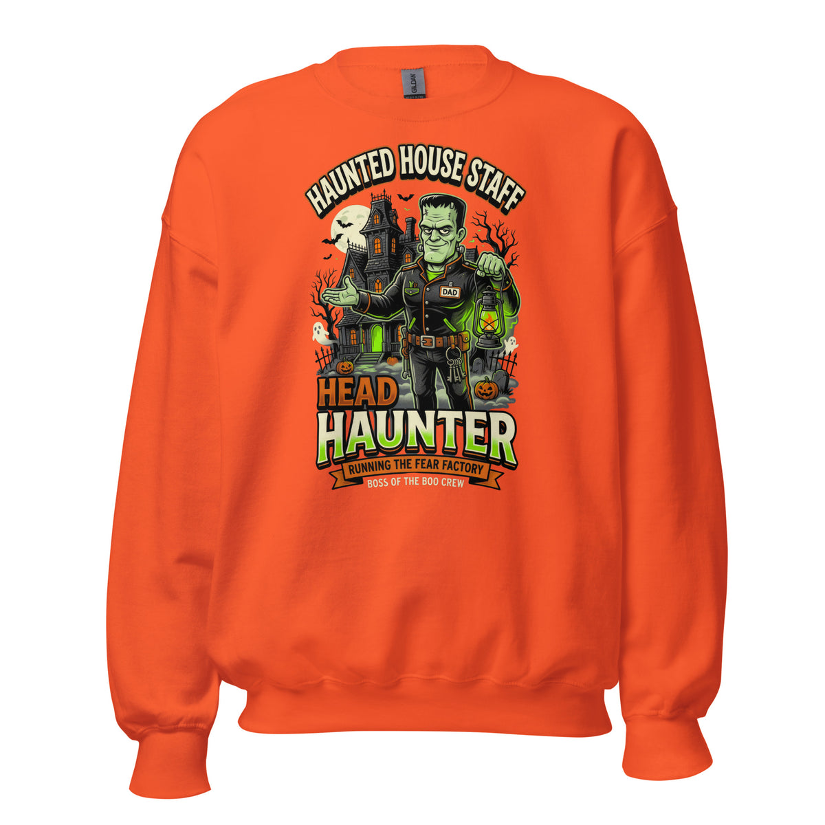 Haunted House Staff Dad “Head Haunter” Unisex Sweatshirt with Head Haunter front design and matching DAD back graphic for Halloween family outfits