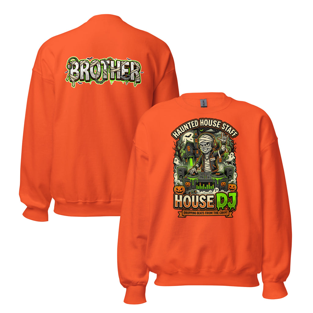 Haunted House Staff Brother “House DJ” Grey Unisex Sweatshirt with House DJ front design and matching BROTHER back graphic for Halloween family outfits
