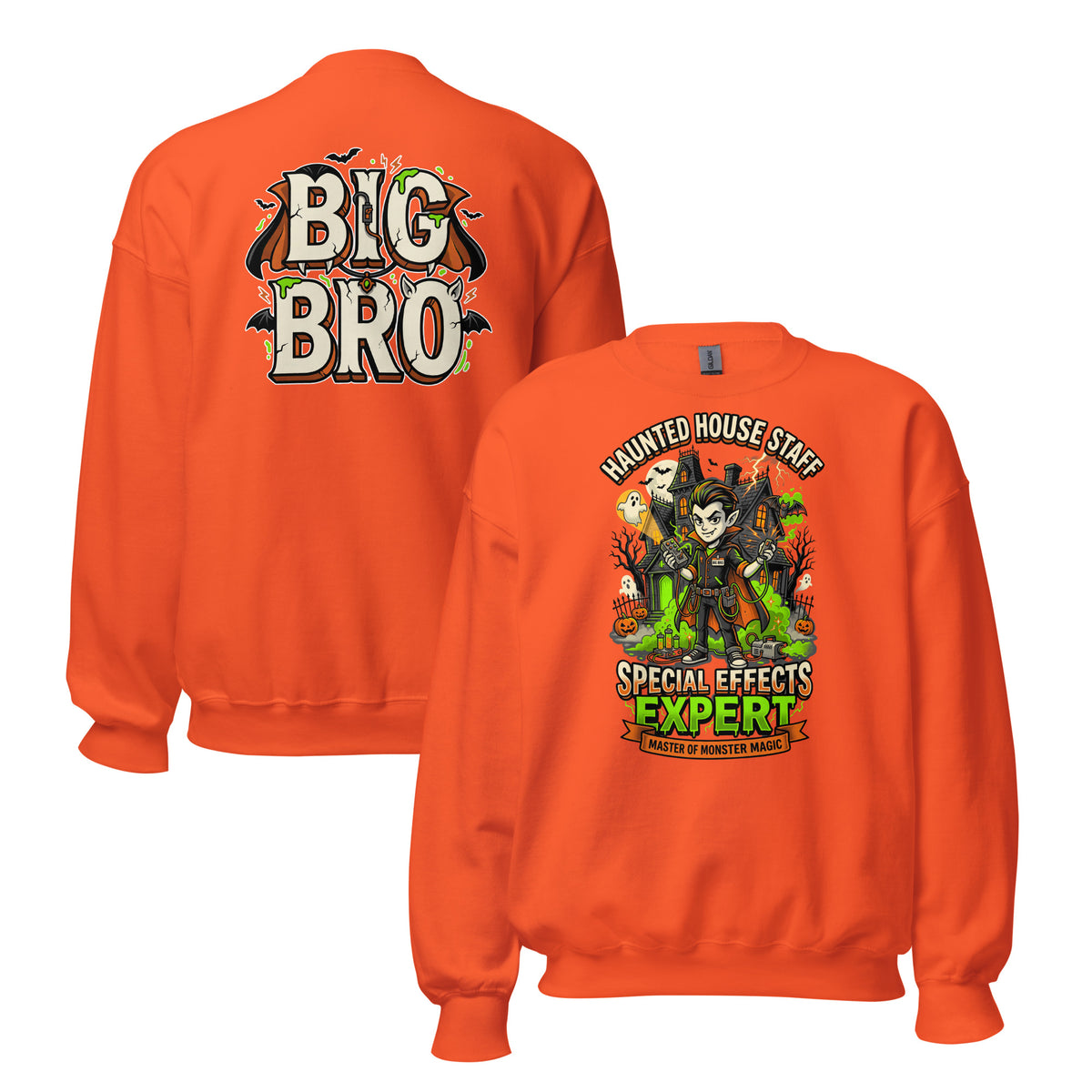 Haunted House Staff Big Bro “Special Effects Expert” Unisex Sweatshirt with Special Effects Expert front design and matching BIG BRO back graphic for Halloween family outfits
