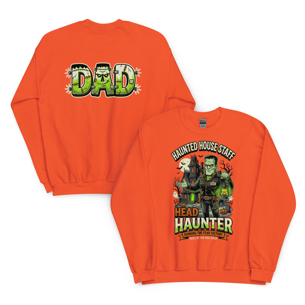 Haunted House Staff Dad “Head Haunter” Unisex Sweatshirt with Head Haunter front design and matching DAD back graphic for Halloween family outfits