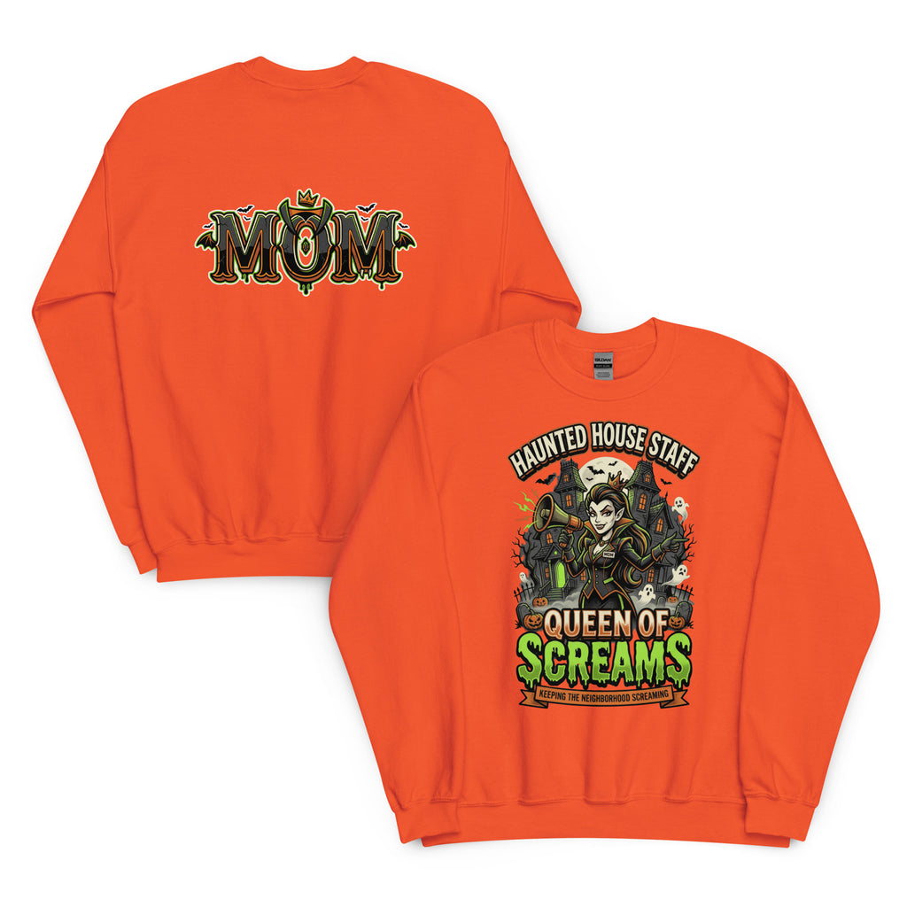 Haunted House Staff Mom “Queen of Screams” Sweatshirt with Queen of Screams front design and matching MOM back graphic for Halloween family outfits