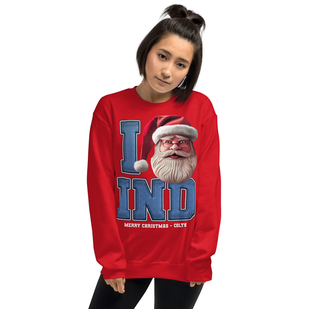 Back/detail view of I IND Santa — Indianapolis Football Crewneck Sweatshirt graphic sweatshirt