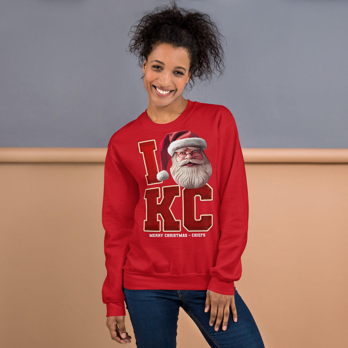 Back/detail view of I KC Santa — Kansas City Football Crewneck Sweatshirt graphic sweatshirt