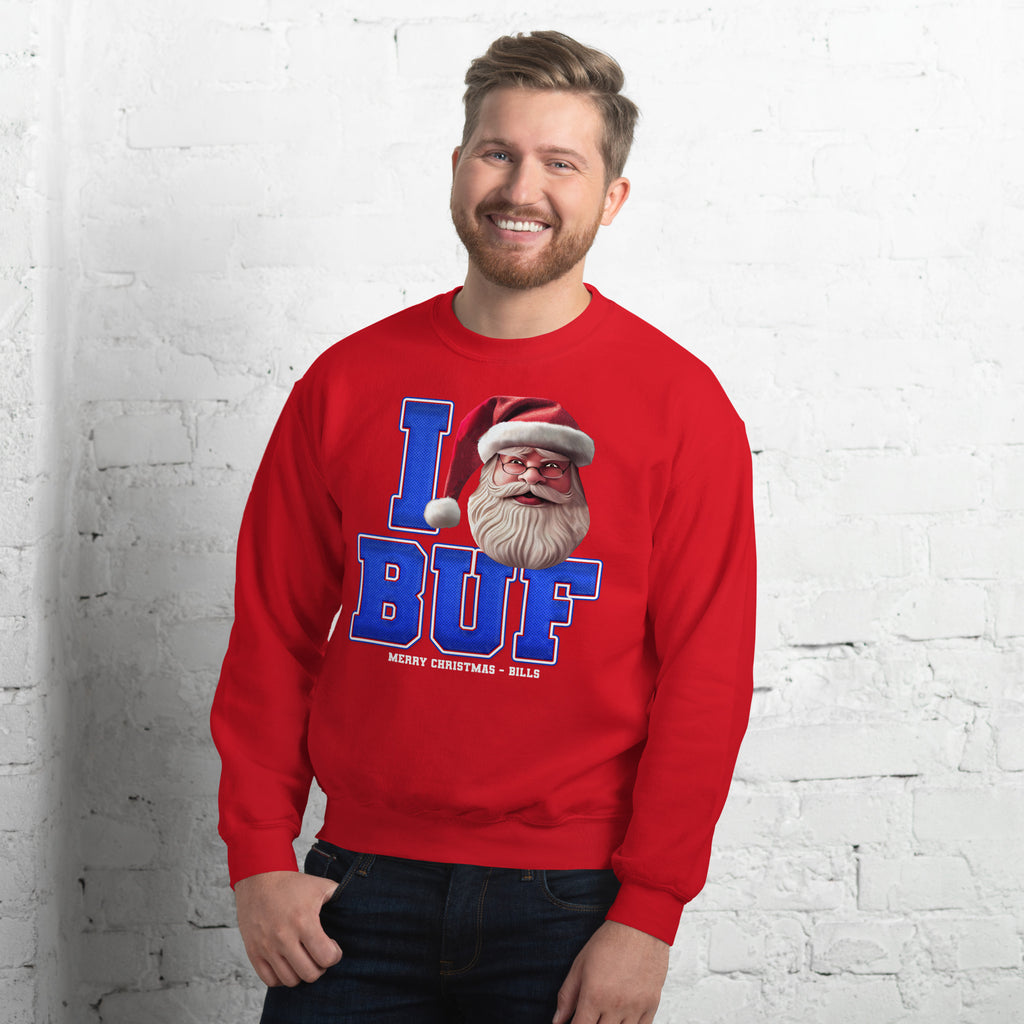 Back/detail view of I BUF Santa — Buffalo Football Crewneck Sweatshirt graphic sweatshirt