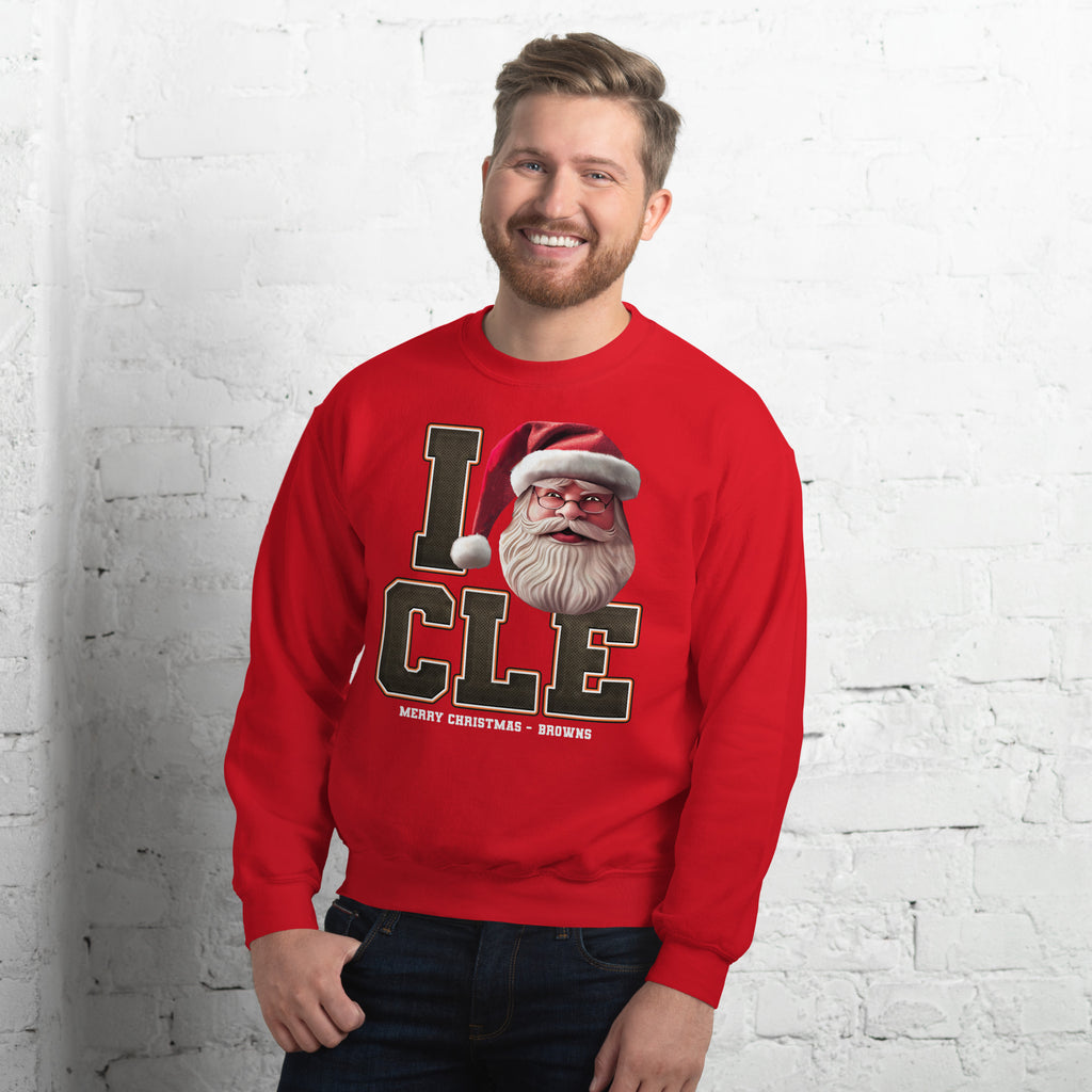 Back/detail view of I CLE Santa — Cleveland Football Crewneck Sweatshirt graphic sweatshirt