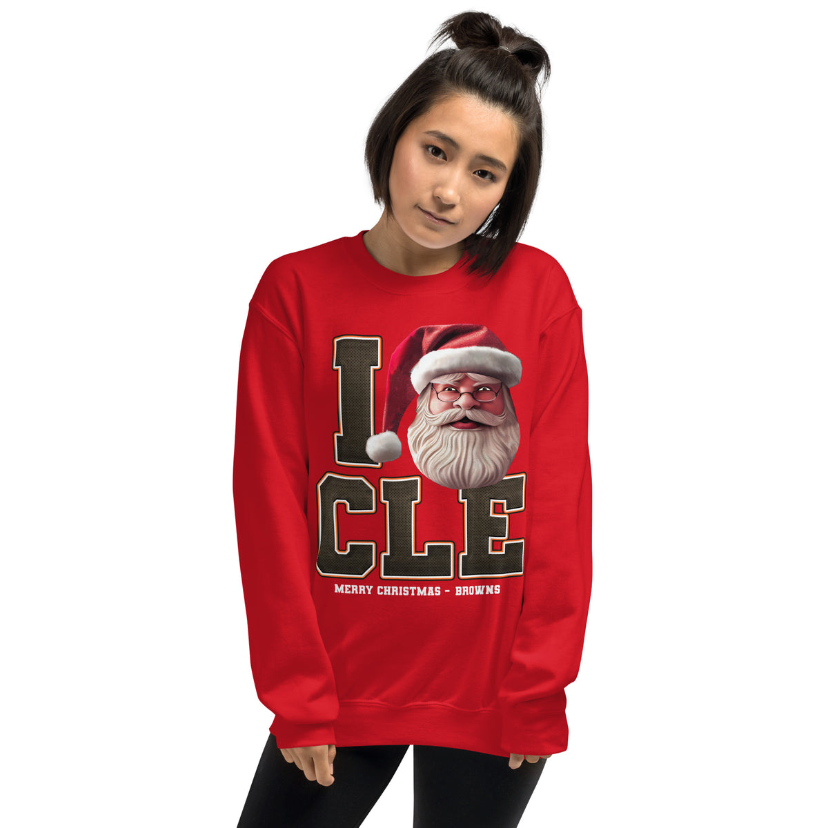 Back/detail view of I CLE Santa — Cleveland Football Crewneck Sweatshirt graphic sweatshirt