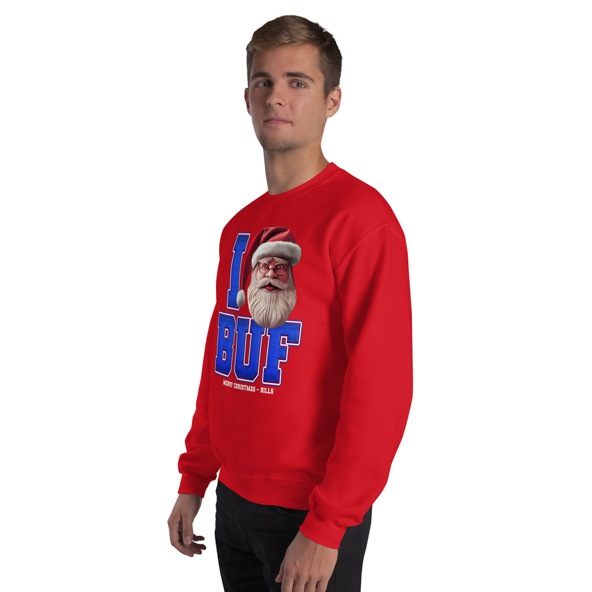 Back/detail view of I BUF Santa — Buffalo Football Crewneck Sweatshirt graphic sweatshirt