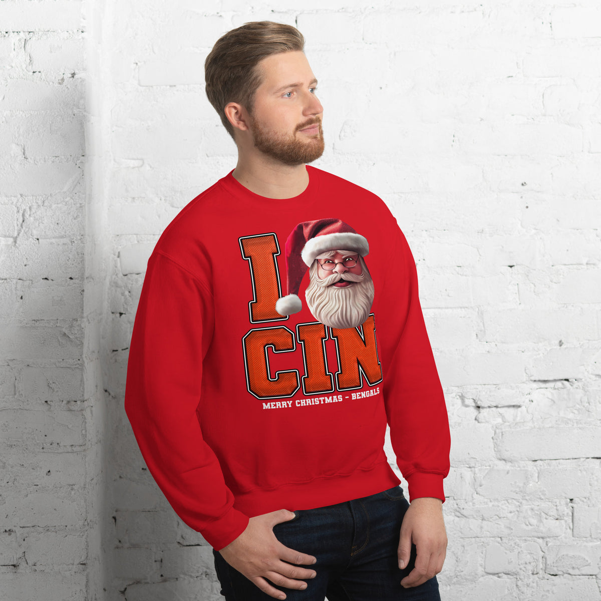 Back/detail view of I CIN Santa — Cincinnati Football Crewneck Sweatshirt graphic sweatshirt