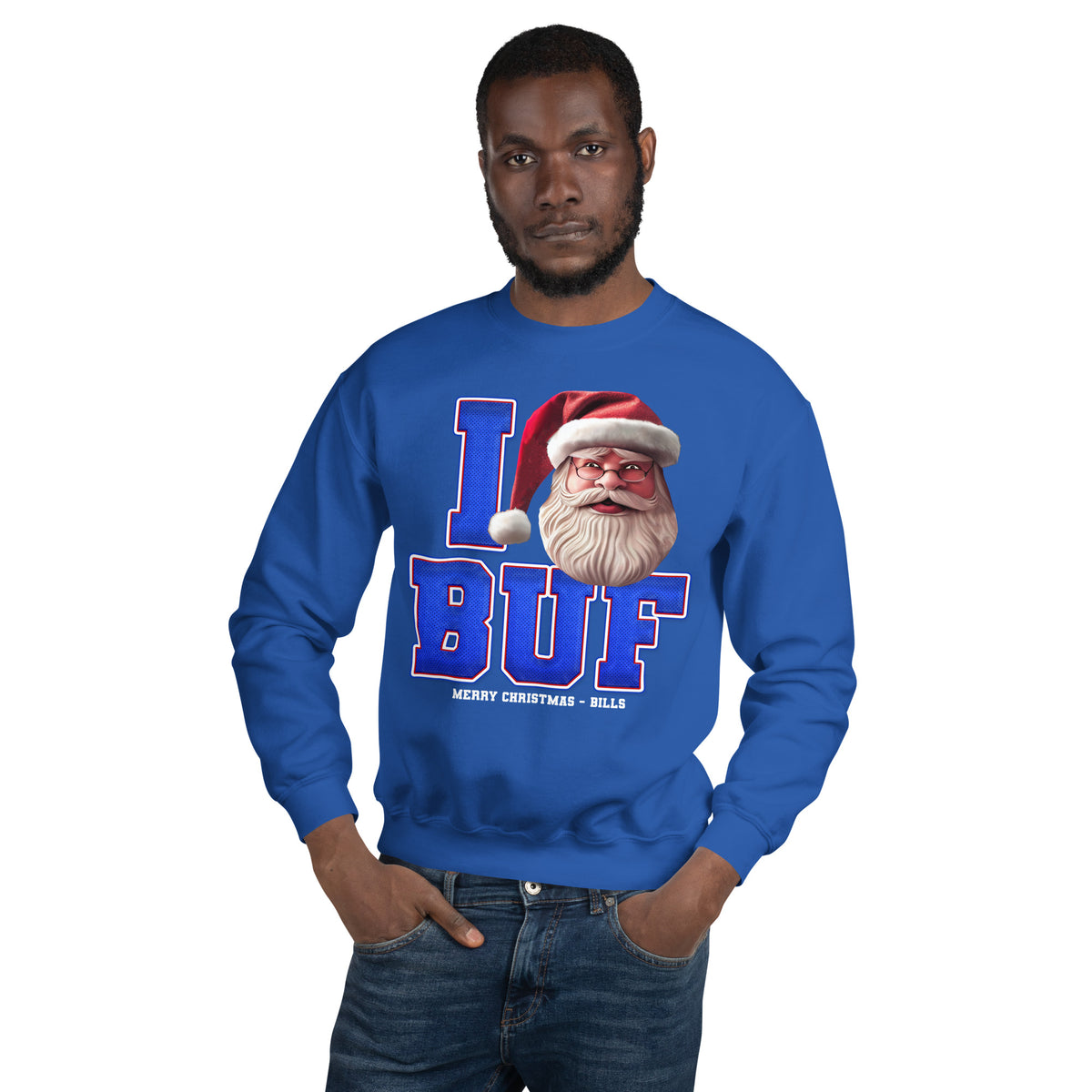 Back/detail view of I BUF Santa — Buffalo Football Crewneck Sweatshirt graphic sweatshirt