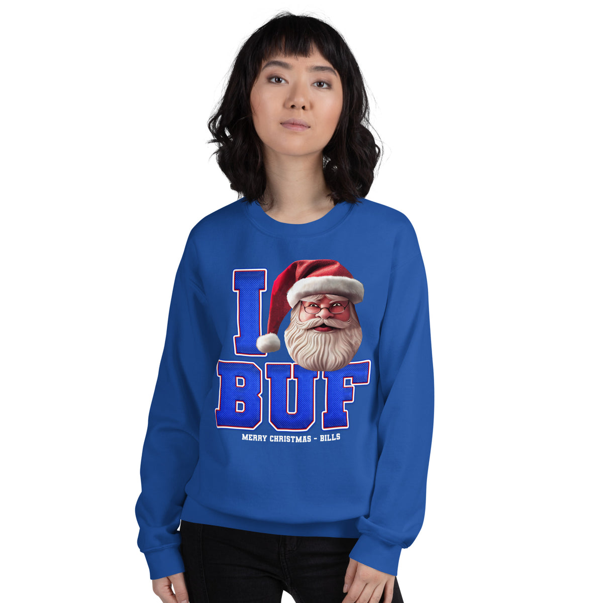 Back/detail view of I BUF Santa — Buffalo Football Crewneck Sweatshirt graphic sweatshirt