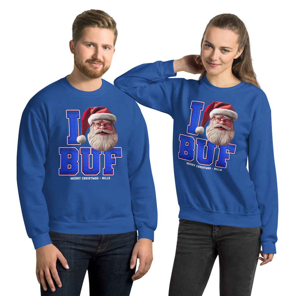 Back/detail view of I BUF Santa — Buffalo Football Crewneck Sweatshirt graphic sweatshirt