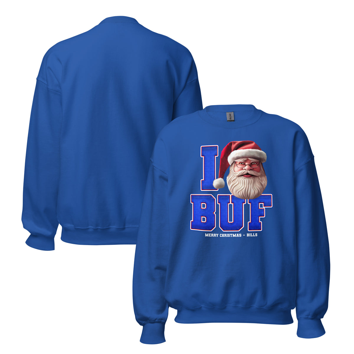Back/detail view of I BUF Santa — Buffalo Football Crewneck Sweatshirt graphic sweatshirt