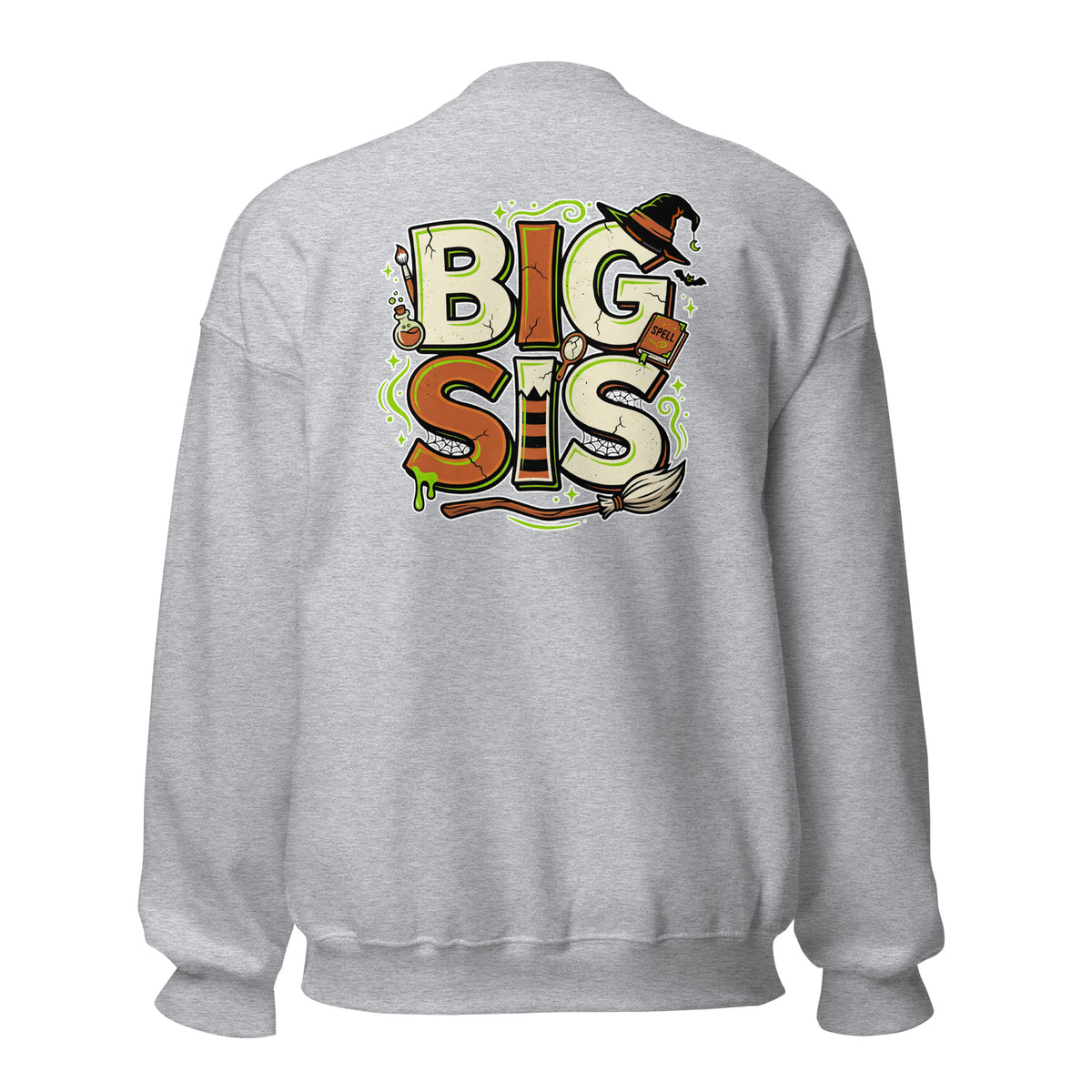 Haunted House Staff Big Sis “Monster Makeup Artist” Green Sweatshirt with Monster Makeup Artist front design and matching BIG SIS back graphic for Halloween family outfits