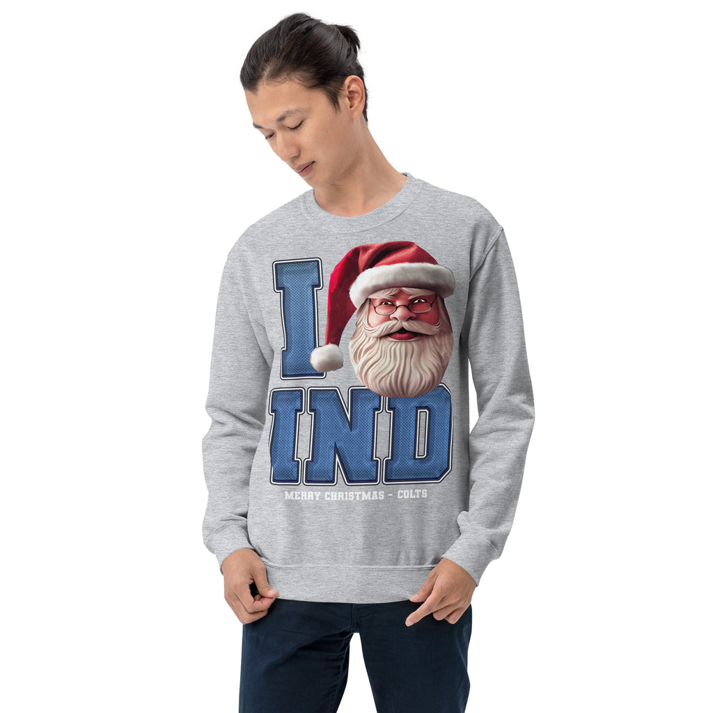 Back/detail view of I IND Santa — Indianapolis Football Crewneck Sweatshirt graphic sweatshirt