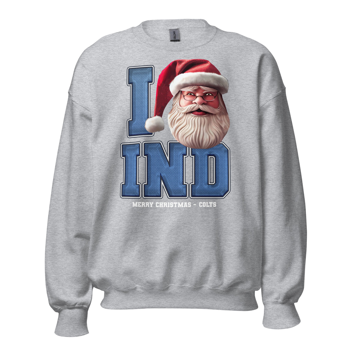 Back/detail view of I IND Santa — Indianapolis Football Crewneck Sweatshirt graphic sweatshirt