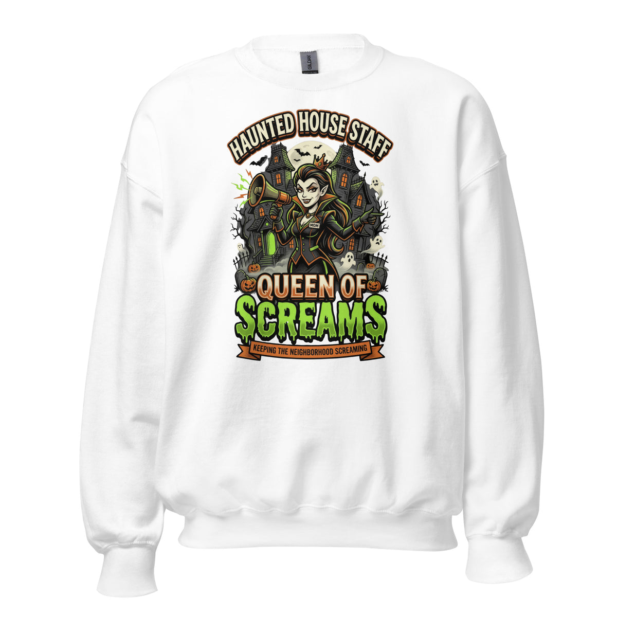 Haunted House Staff Mom “Queen of Screams” Sweatshirt with Queen of Screams front design and matching MOM back graphic for Halloween family outfits