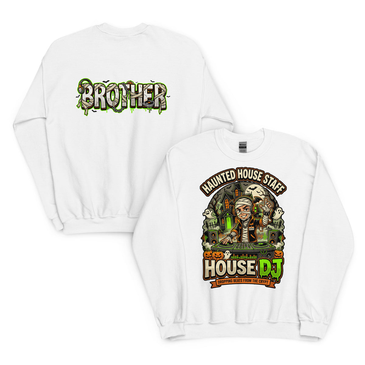 Haunted House Staff Brother “House DJ” Unisex Sweatshirt with House DJ front design and matching BROTHER back graphic for Halloween family outfits
