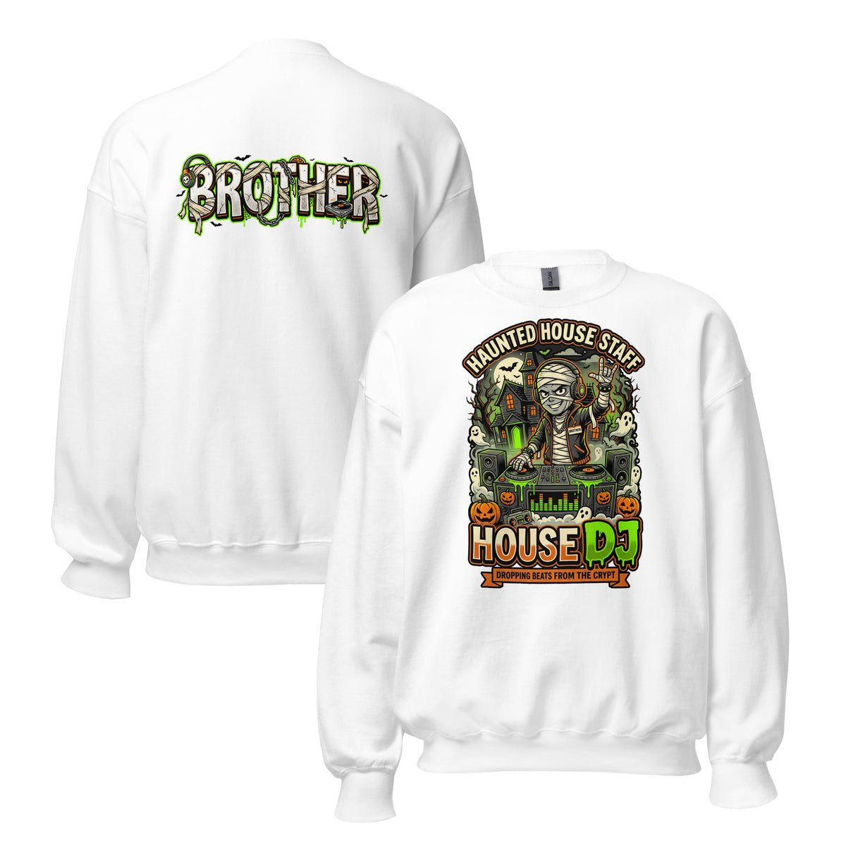 Haunted House Staff Brother “House DJ” Grey Unisex Sweatshirt with House DJ front design and matching BROTHER back graphic for Halloween family outfits