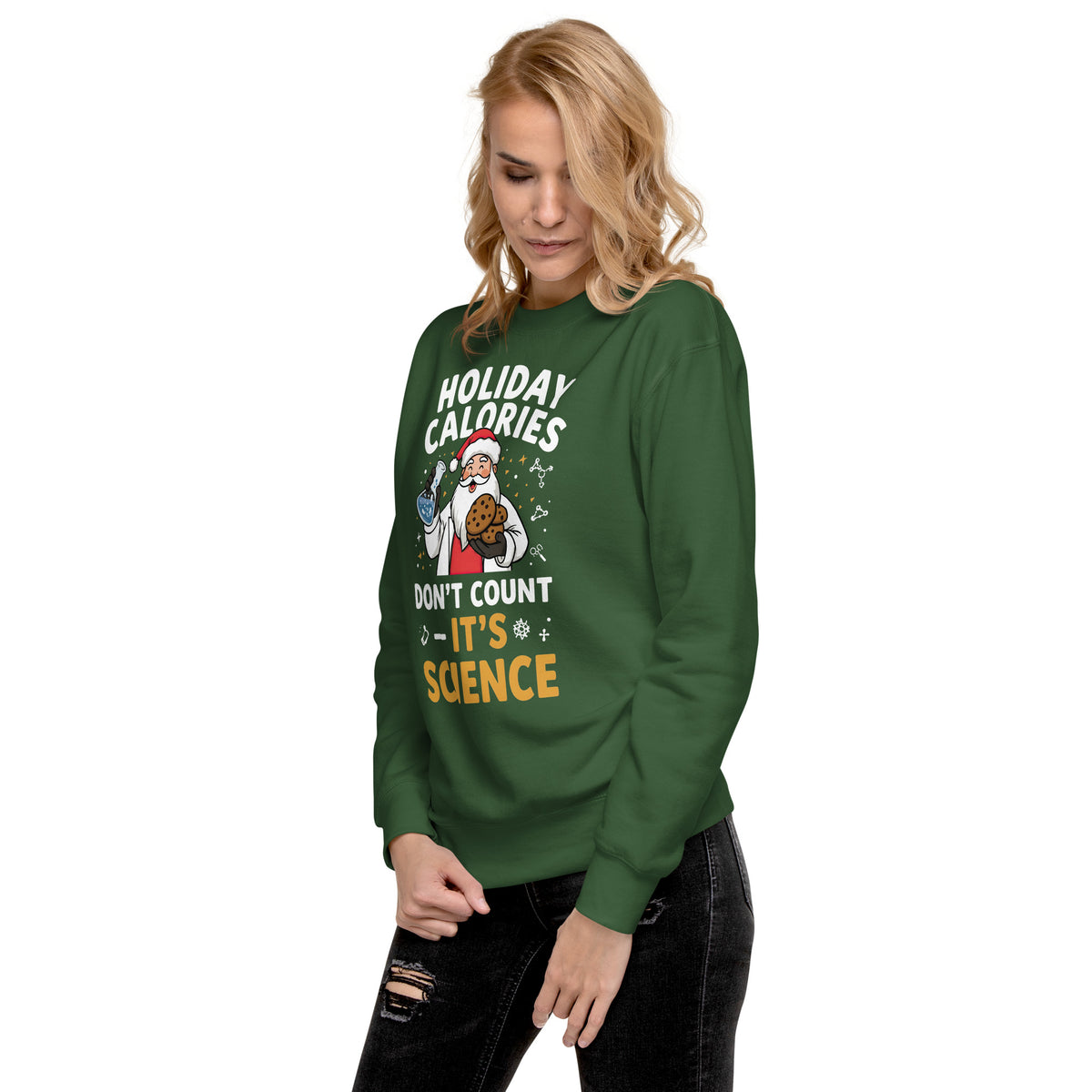 Back/detail view of Holiday Calories Don’t Count – It’s Science! Unisex Premium Sweatshirt graphic sweatshirt