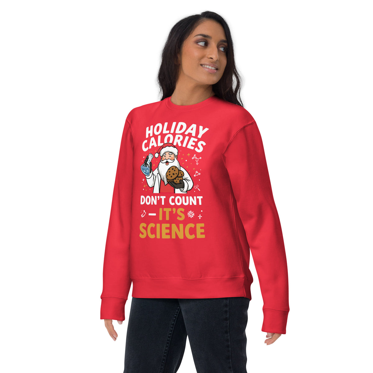 Back/detail view of Holiday Calories Don’t Count – It’s Science! Unisex Premium Sweatshirt graphic sweatshirt
